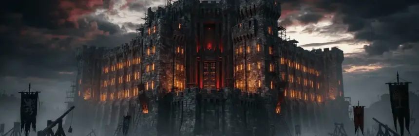 Medieval server fortress standing strong in misty three-faction battlefield representing Camelot Unchained uptime