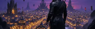 Hooded thief overlooking fantasy port city at twilight in Elder Scrolls Online Season One