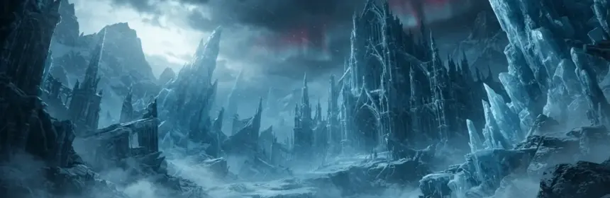 Frozen fantasy realm with towering ice structures in atmospheric blue winter landscape