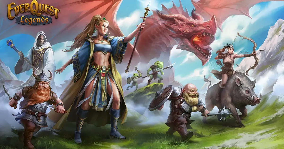 Illustration of characters from EverQuest Legends battling a dragon.