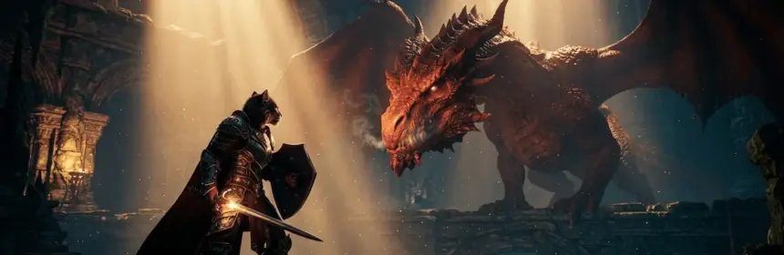 Kerran warrior confronting a massive red dragon in a glowing fantasy cavern
