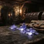 Fantasy merchant counter with glowing currency coins, pouches, and storage chests in atmospheric tavern lighting