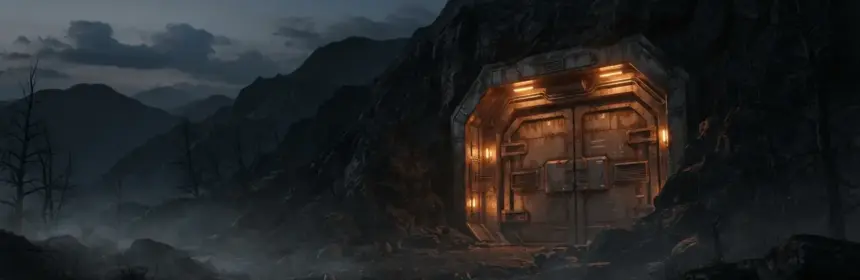 Raven Rock military bunker entrance in mountains at dusk with amber emergency lighting, Fallout 76 expansion