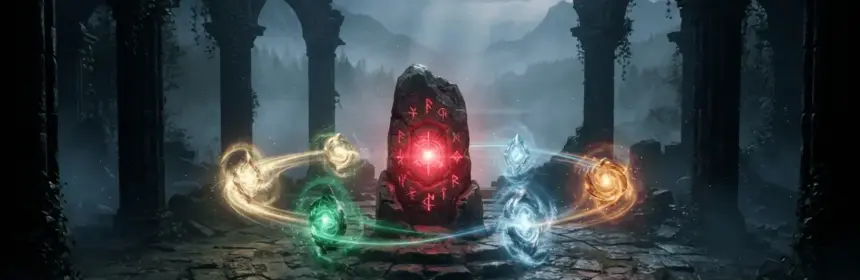 Mystical altar surrounded by glowing magical relics in a fantasy realm for RuneScape Leagues II Equilibrium