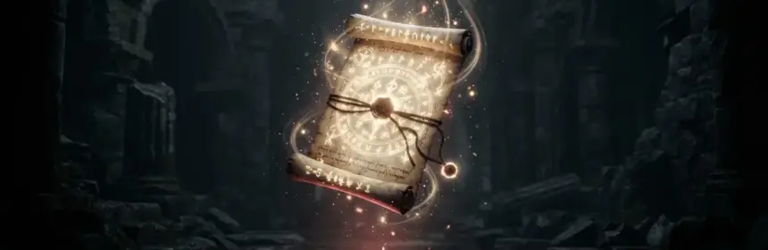 Mystical scroll glowing in dark fantasy game environment for Summoners War Frieren collaboration