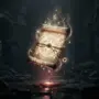 Mystical scroll glowing in dark fantasy game environment for Summoners War Frieren collaboration