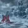 Frozen medieval fortress with ice-covered battlements and glowing red altar in snowy PvP battlefield