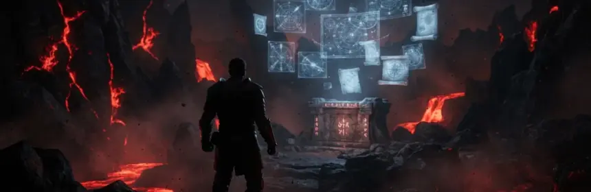 Path of Exile mercenary silhouette facing magical charts in volcanic allflame landscape