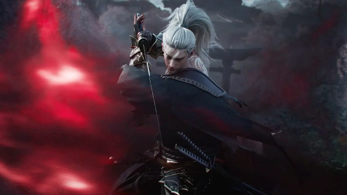 A character with long white hair holding a sword, set against a dramatic background.