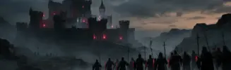 Dark fortress citadel with silhouetted warriors in formation under moody twilight sky