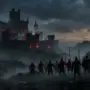 Dark fortress citadel with silhouetted warriors in formation under moody twilight sky