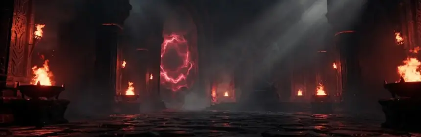 Dark demonic throne room with red flames and black stone architecture in Lost Ark extreme raid environment