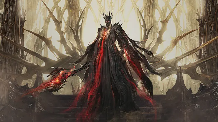 A dark, menacing figure with a fiery weapon stands in a shadowy throne room.