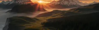 Epic Middle-earth landscape with four distinct zones stretching to distant mountains under dramatic golden hour lighting