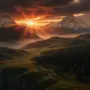 Epic Middle-earth landscape with four distinct zones stretching to distant mountains under dramatic golden hour lighting