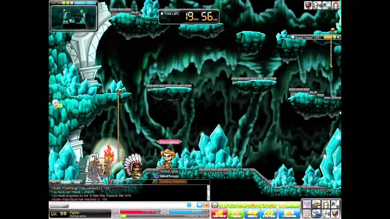 Gameplay from MapleStory showing characters in a crystalline cave environment.