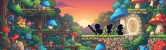 Vibrant MapleStory Classic World fantasy landscape with adventurer silhouettes and glowing portal