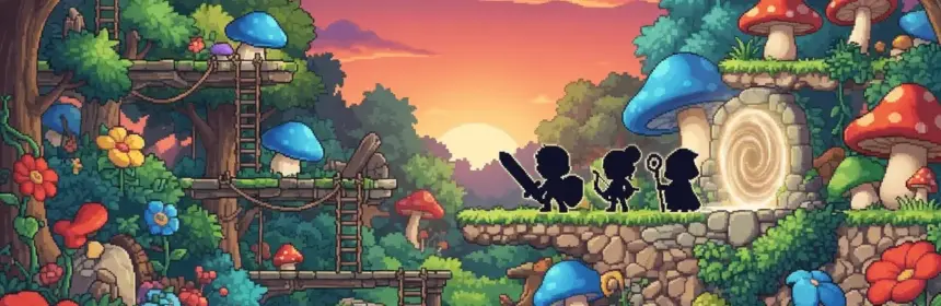 Vibrant MapleStory Classic World fantasy landscape with adventurer silhouettes and glowing portal
