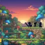 Vibrant MapleStory Classic World fantasy landscape with adventurer silhouettes and glowing portal
