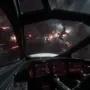 Spacecraft combat view in Star Citizen's Nyx system with tactical engagement and red energy weapons