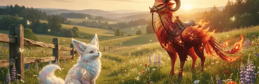 Palia ranch scene with Flutterfox animal and Phoenixfire Riffroc mount in summer meadow with shimmerflies