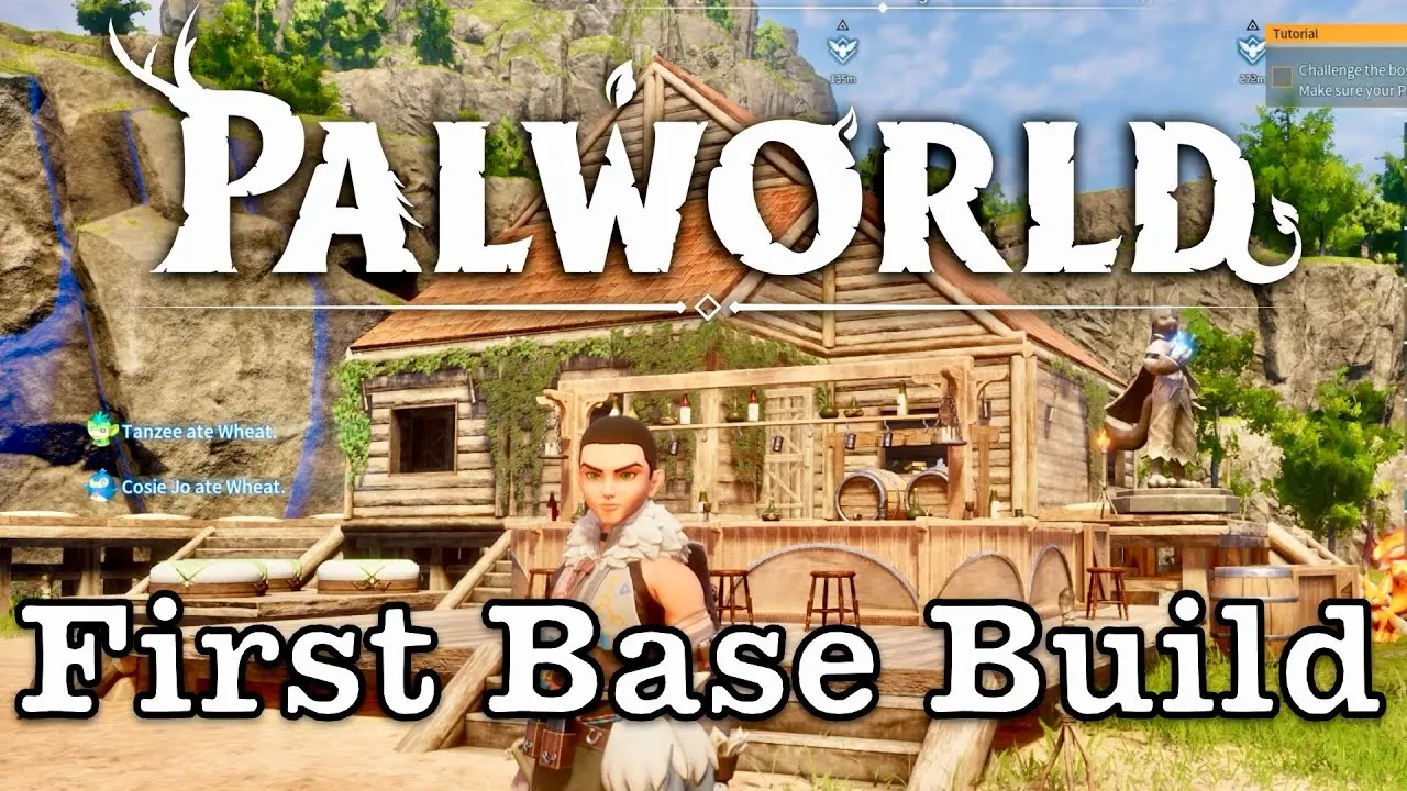 Character in front of a wooden base in Palworld game showing base building gameplay.
