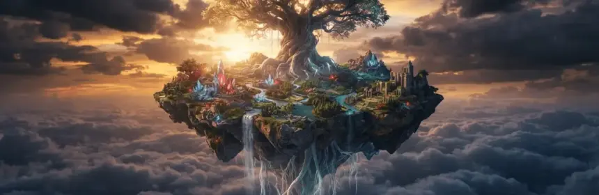 Floating sky island with massive World Tree surrounded by clouds in dramatic twilight lighting