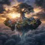 Floating sky island with massive World Tree surrounded by clouds in dramatic twilight lighting