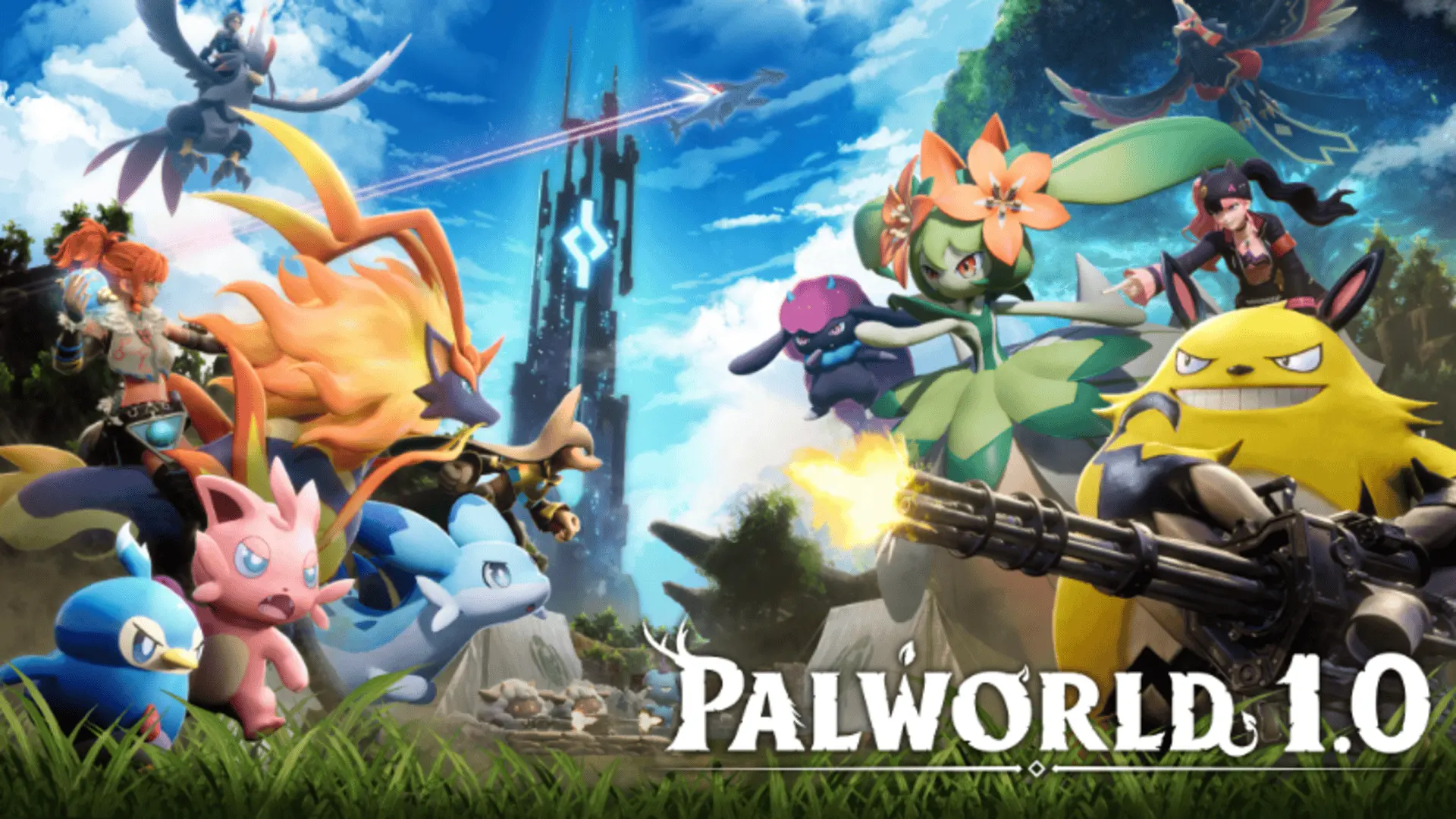 Key art for Palworld featuring colorful characters and creatures from the game.