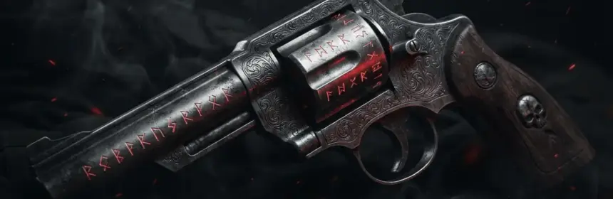 Silver revolver with magical engravings against dark atmospheric background with red ember particles