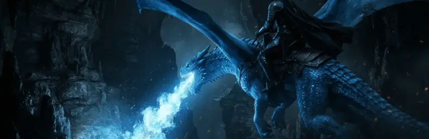 Dragon knight Ramux mounted on Atirat breathing blue flames in dark cavern in Throne and Liberty