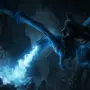Dragon knight Ramux mounted on Atirat breathing blue flames in dark cavern in Throne and Liberty