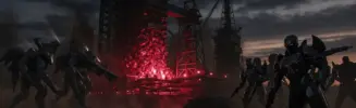 Sci-fi mining facility under siege by three factions in dramatic industrial lighting with red crystal glow