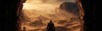 Desert continent landscape with ancient ruins and warrior silhouette in Mortal Online 2 Sarducaa expansion