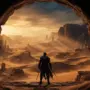 Desert continent landscape with ancient ruins and warrior silhouette in Mortal Online 2 Sarducaa expansion
