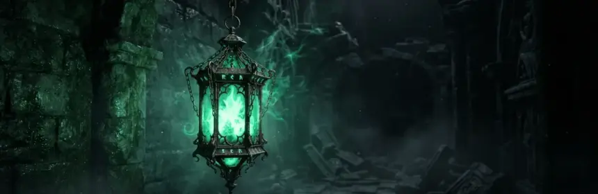 Glowing green Allflame lantern illuminating a dark Path of Exile dungeon with mystical flames