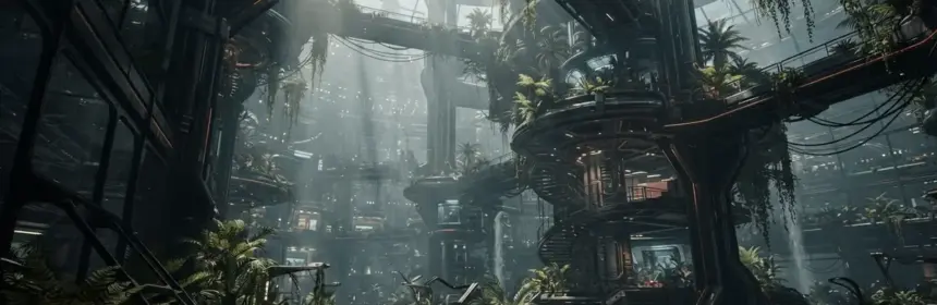 Futuristic biodome society environment with metallic architecture and lush vegetation for SEED MMO life simulator