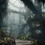 Futuristic biodome society environment with metallic architecture and lush vegetation for SEED MMO life simulator
