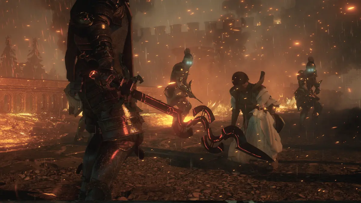 A character wielding a glowing red weapon in a fiery battlefield with armored figures.