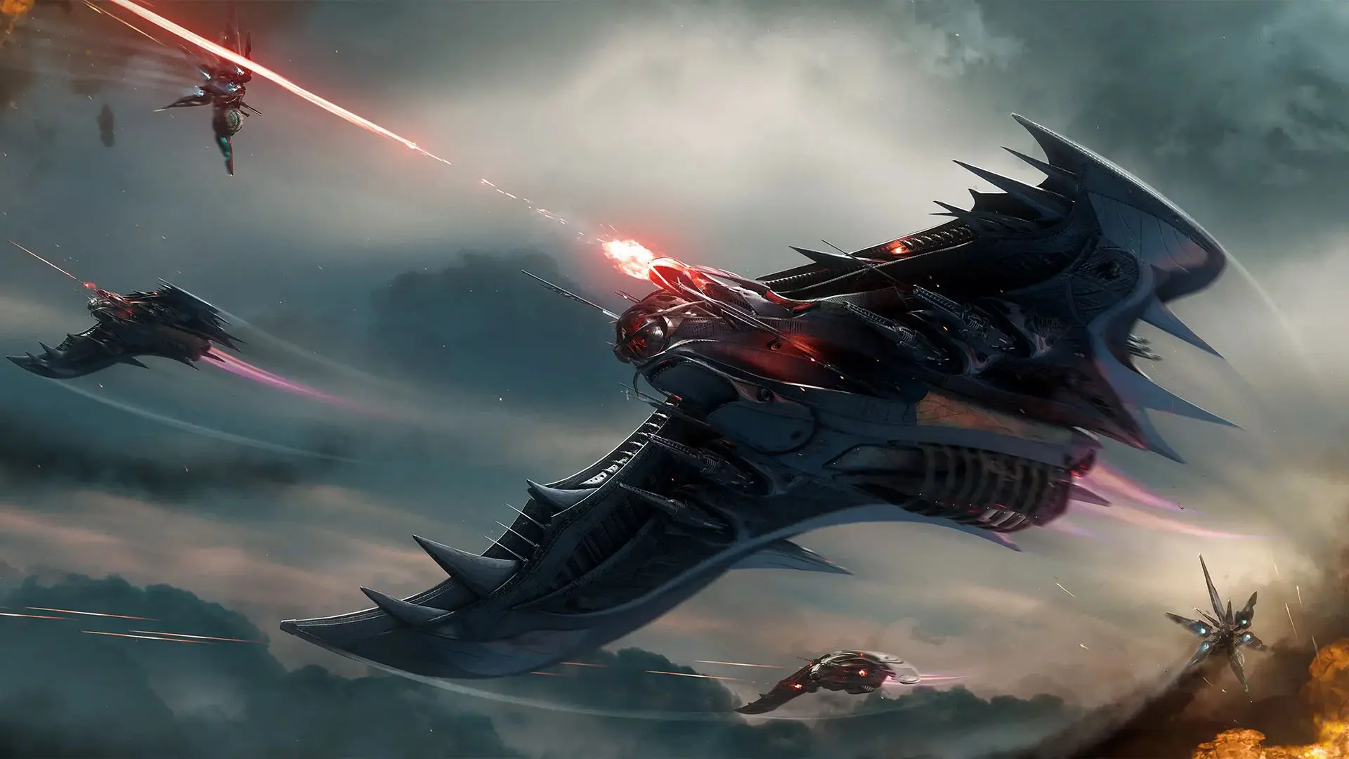 Futuristic starships engaged in combat with energy beams in a dramatic sky.