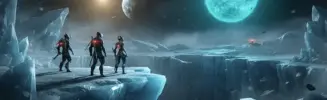 Warframe silhouettes overlooking alien Tau system with ice formations and dual star system vista