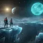 Warframe silhouettes overlooking alien Tau system with ice formations and dual star system vista