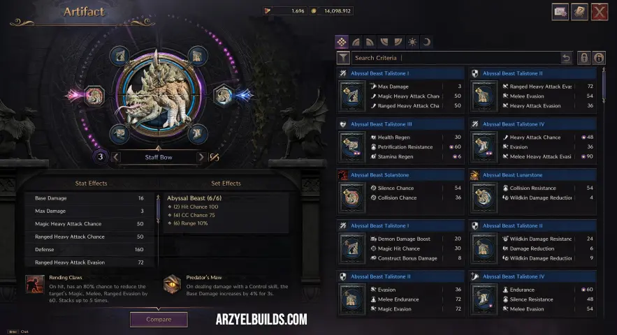 Artifact interface showing Staff Bow with stats and effects in Throne and Liberty.
