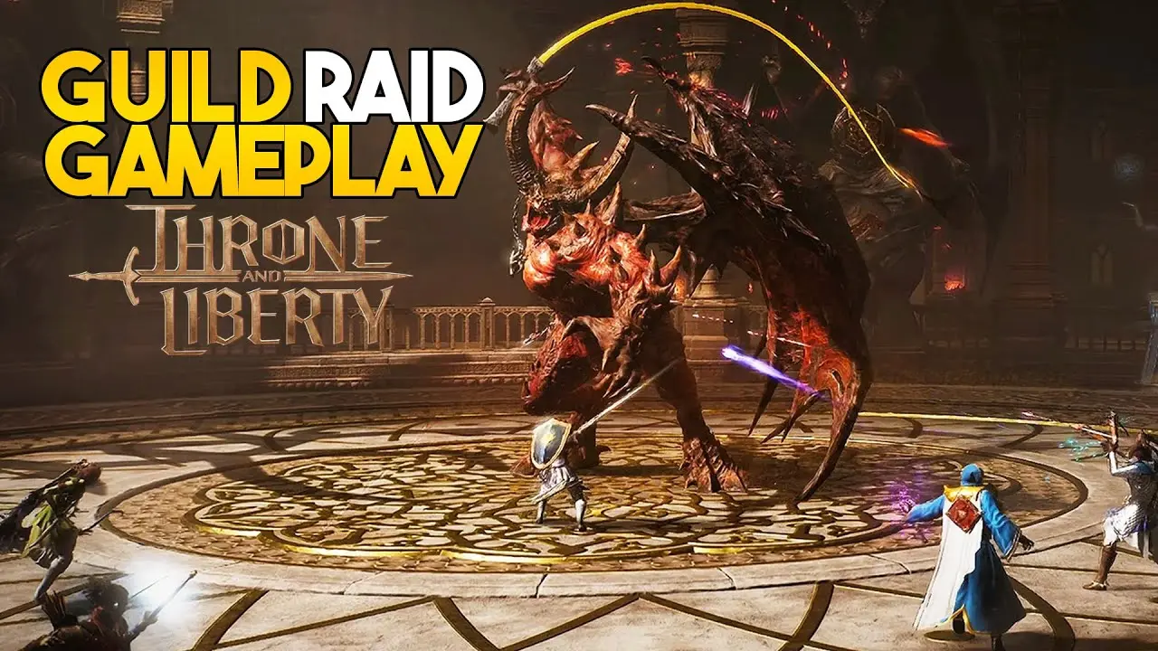 Players battling a boss in Throne and Liberty guild raid gameplay scene.