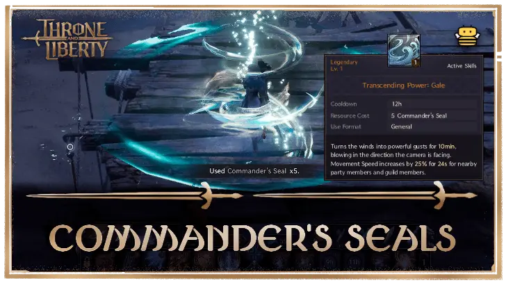 Throne and Liberty image showcasing Commander's Seal and skill details.