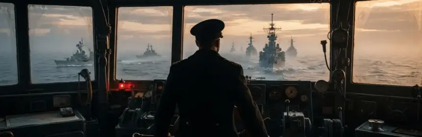 Naval commander silhouette on battleship bridge overlooking ocean fleet at dawn
