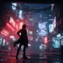 Zenless Zone Zero urban neon cityscape with character silhouette in dramatic red and blue lighting