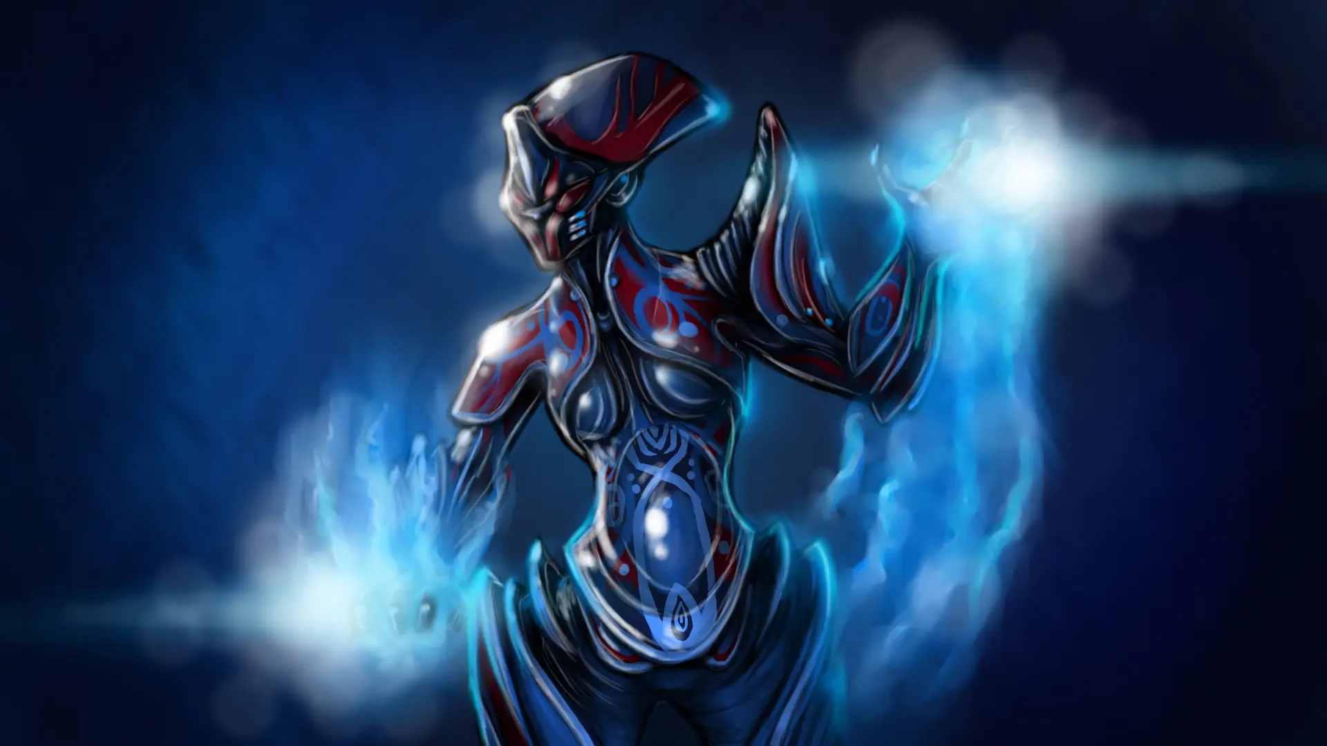 Banshee from Warframe, showcasing vibrant energy effects and intricate armor design.