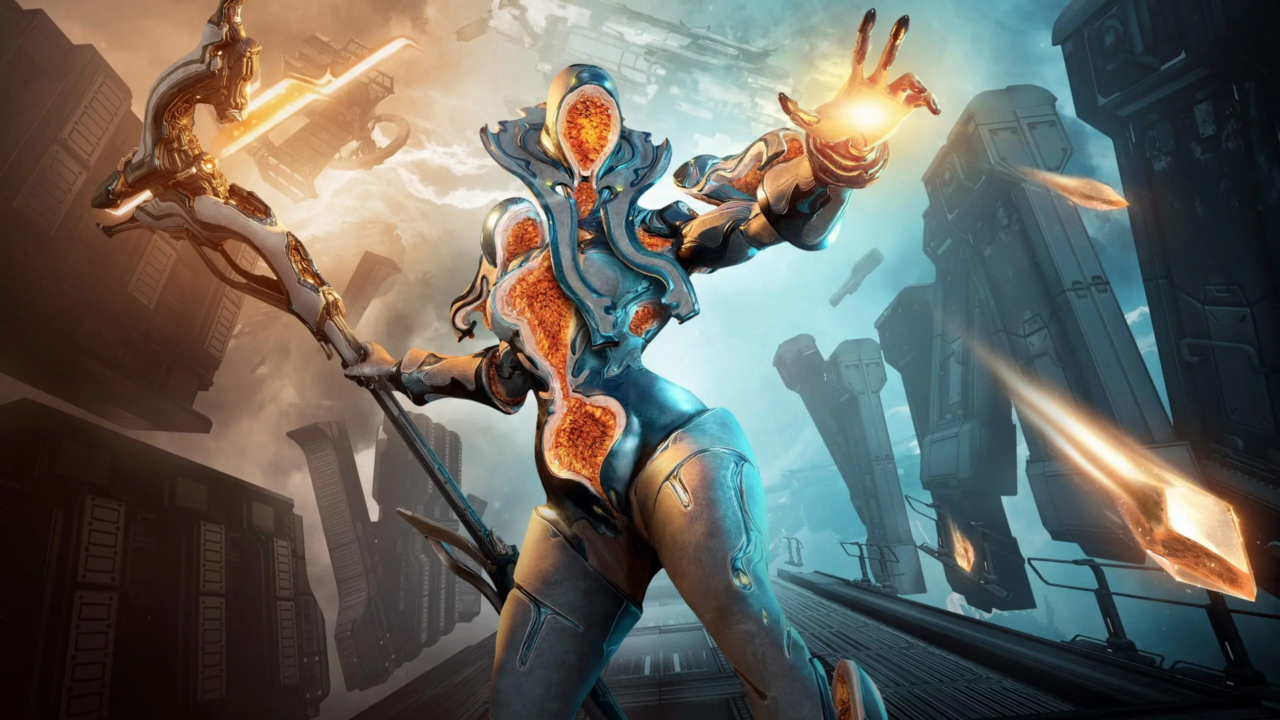 Detailed character design from Warframe with a weapon, futuristic background.