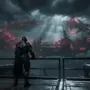 Armored warrior overlooking massive ring city under dark alien sky in Warframe Tau System